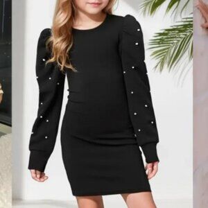 SHEIN Girls Black Pearl Beaded Lantern Sleeve Dress – Size 10 (Fits 7/8) 🖤